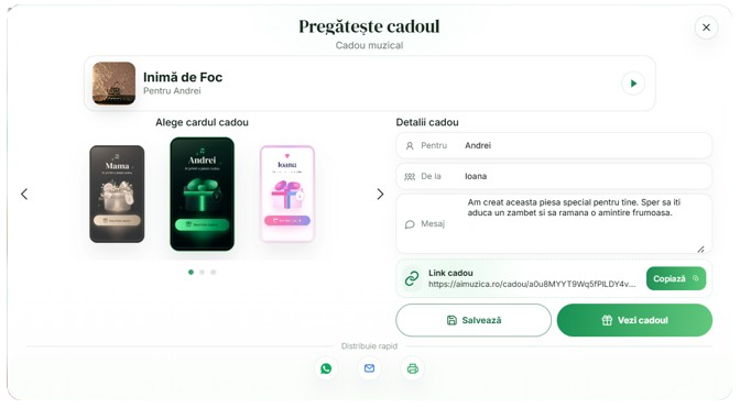 Previzualizare meniu cadou muzical AiMuzica cu pagina de cadou si optiuni pentru destinatar