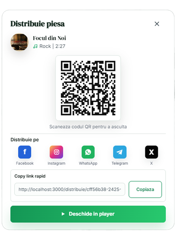 Dialog AiMuzica pentru distribuirea piesei Zâmbet de Soare prin QR, link rapid și rețele sociale