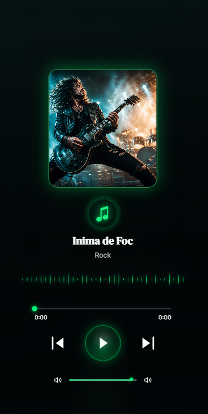 Player public AiMuzica pentru piesa Inimă de Foc, cu copertă, waveform, progres, play și volum